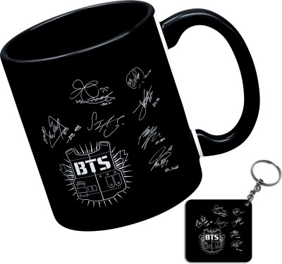 Just Moments Black Ceramic Coffee with Keychain for BTS | Bt21 | Butter Lovers. (JM5) Ceramic Coffee Mug(350 ml)