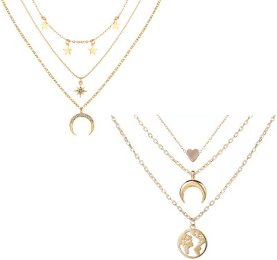 Vembley Combo of 2 Gold Plated Triple Layered Stars Half Moon and Earth Pendant Necklace Gold-plated Plated Alloy Layered