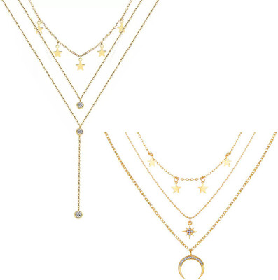 Vembley Combo of 2 Triple layered Star,Heart, Half Moon & Drop Studded Pendant Necklace Gold-plated Plated Alloy Layered
