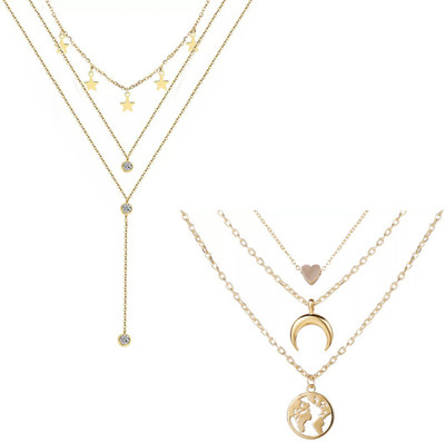 Vembley Combo of 2 Pretty Triple layered Star , Heart and Drop Studded Pendant Necklace Gold-plated Plated Alloy Layered