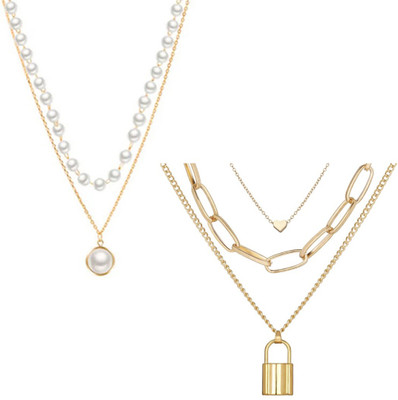 Vembley Combo of 2 Gold Plated Double Layered Pearl and Heart And Lock Pendant Necklace Gold-plated Plated Alloy Layered