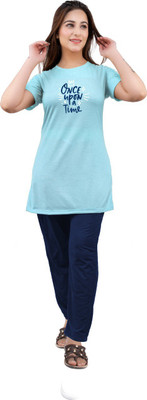 URBE Women Printed Light Blue Top & Pyjama Set