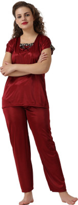 desi tora Women Solid Maroon Night Suit Set
