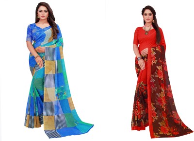 Samai Floral Print Bollywood Georgette Saree(Pack of 2, Blue, Red)