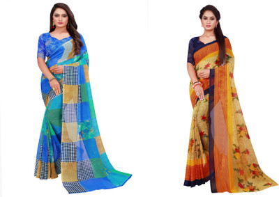 Saadhvi Geometric Print Daily Wear Georgette Saree(Pack of 2, Blue)