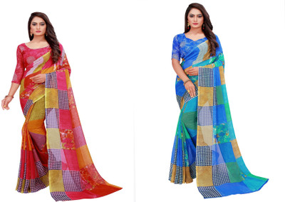 Saadhvi Geometric Print Daily Wear Georgette Saree(Pack of 2, Red)
