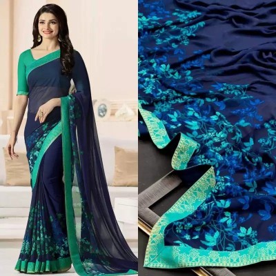 RUKHA FAB Floral Print Daily Wear Georgette, Chiffon Saree(Blue)