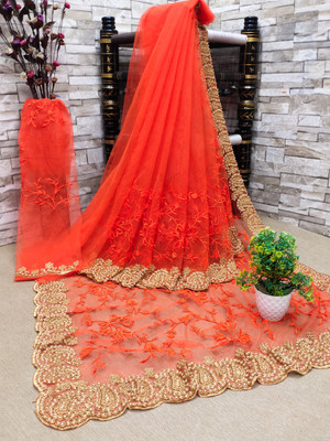 Jhanjari Embroidered Bollywood Net Saree(Orange)