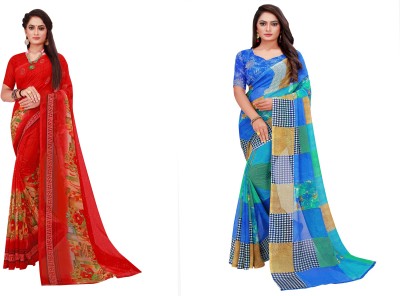 Saadhvi Floral Print Daily Wear Georgette Saree(Pack of 2, Red, Blue)