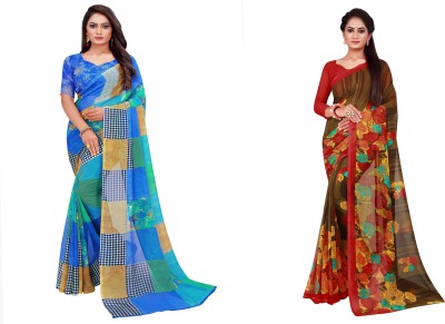 Saadhvi Geometric Print Daily Wear Georgette Saree(Pack of 2, Blue)