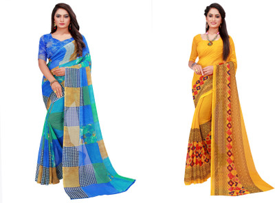 Saadhvi Printed Daily Wear Georgette Saree(Pack of 2, Blue)