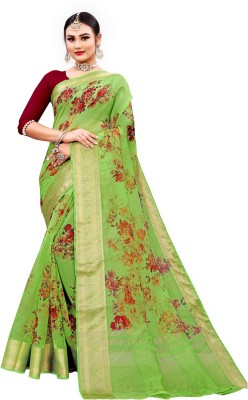 Aanyaa Trendz Floral Print Bollywood Organza, Jacquard Saree(Green)