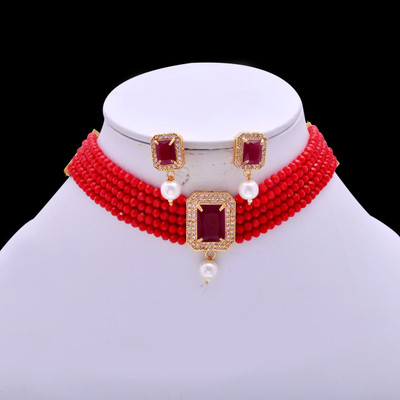 SMDJ JEWL Brass Gold-plated Red Jewellery Set(Pack of 1)