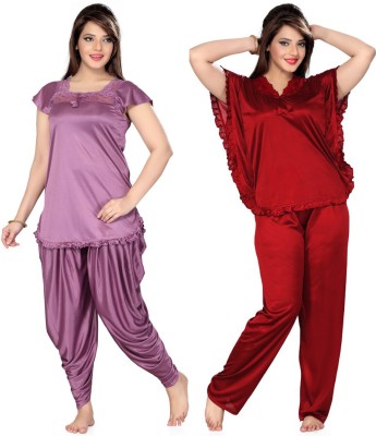 PHALIN Women Solid Purple, Maroon Top & Pyjama Set