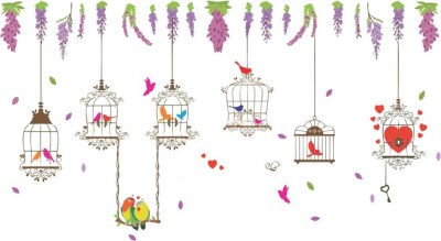 Wallzone 94 cm Colorful - Birds - Cage - Nature Tree Removable Sticker(Pack of 1)