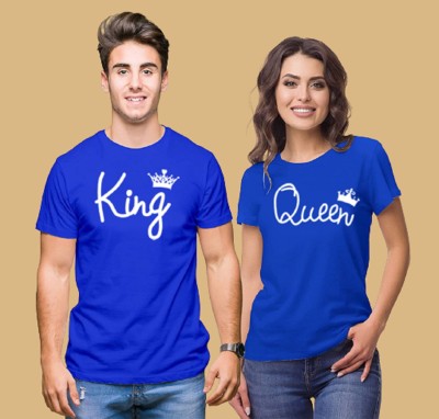 COUPLESTUFF.IN Printed Couple Round Neck Blue T-Shirt