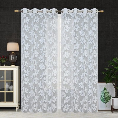HHF DECOR 153 cm (5 ft) Polyester Semi Transparent Window Curtain (Pack Of 2)(Floral, White)