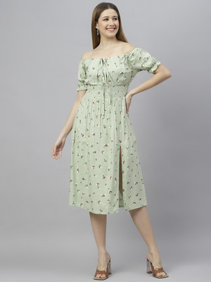 FLAMBOYANT Women Gathered Light Green Midi/Calf Length Dress
