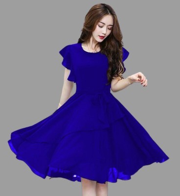 I KHODAL TRADING Women Fit and Flare Blue Dress