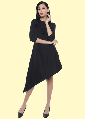 DyrectDeals Women High Low Black Knee Length Dress