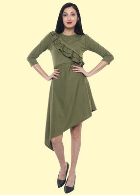 DyrectDeals Women High Low Green Knee Length Dress
