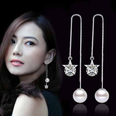 MYKI Dazzling Cubic Zircon Sterling Silver Hollow Star Pearl Dangle Earring For Women & Girls Swarovski Zirconia Sterling Silver Drops & Danglers