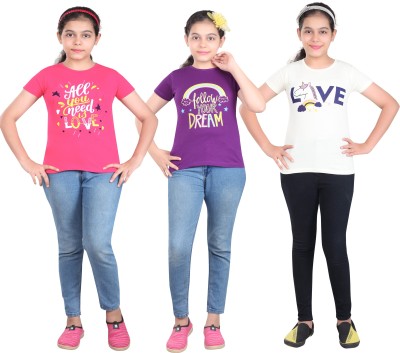 MIST N FOGG Girls Typography Cotton Blend T Shirt(Multicolor, Pack of 3)