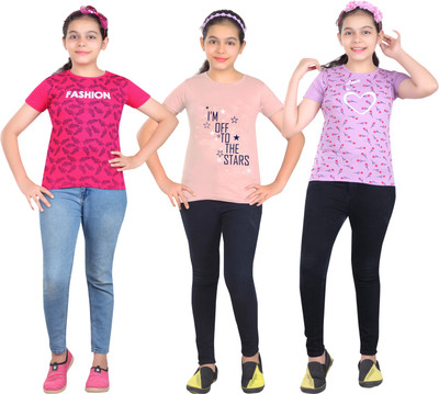 MIST N FOGG Girls Typography Cotton Blend Regular T Shirt(Multicolor, Pack of 3)