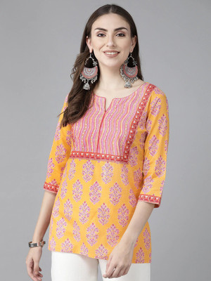 Rain & Rainbow Women Printed Straight Kurta(Orange)