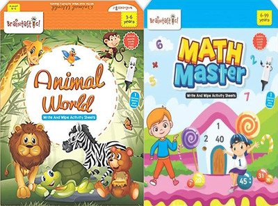 Braintastic Math Master & Animal World Write Wipe Reusable Activity Sheet with Free Puzzle(Multicolor)