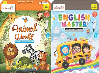 Braintastic English Master Animal World Write Wipe Reusable Activity Sheet with Free Puzzle(Multicolor)