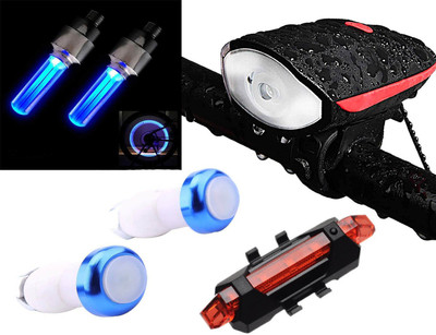 NSV Combo of Bicycle Head Light Tail Light Handle Grip Light Tyre Valve Light LED Front Rear Light Combo(Red, Black, Green, Blue)