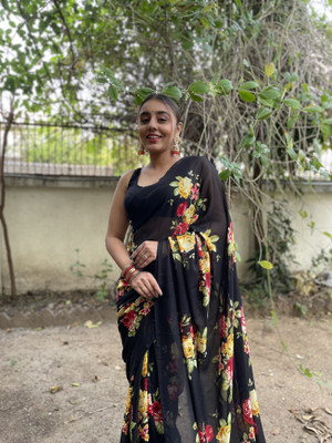 Anand Sarees Floral Print Bollywood Georgette Saree(Black)