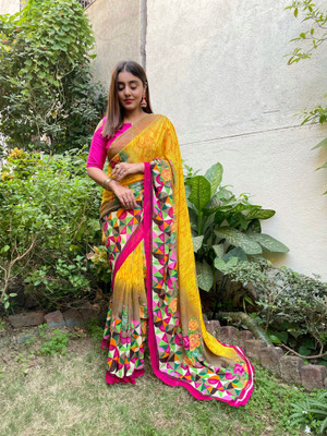 Anand Sarees Geometric Print, Floral Print Bollywood Georgette Saree(Yellow)