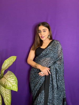 Anand Sarees Animal Print Bollywood Georgette Saree(Light Blue, Black)