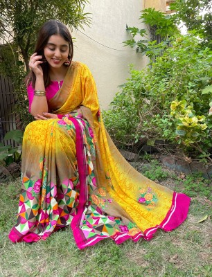 kashvi sarees Printed Bollywood Georgette Saree(Yellow)