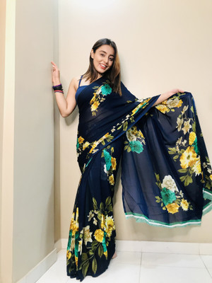 Anand Sarees Floral Print Bollywood Georgette Saree(Dark Blue)