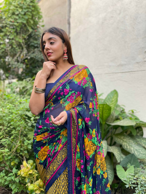 Anand Sarees Floral Print Bollywood Georgette Saree(Blue, Yellow)