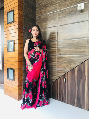kashvi sarees Floral Print Daily Wear Georgette Saree(Red, Black)