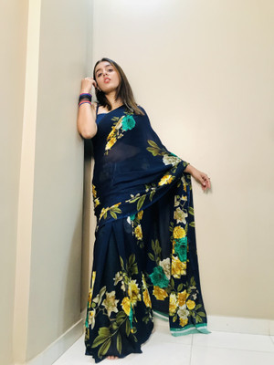 Anand Sarees Floral Print Bollywood Georgette Saree(Dark Blue)