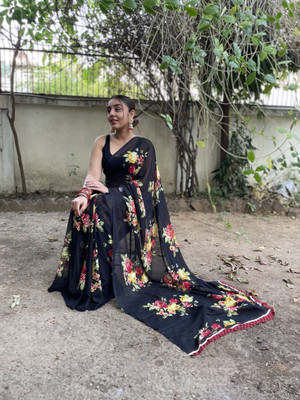 Anand Sarees Floral Print Bollywood Georgette Saree(Black)