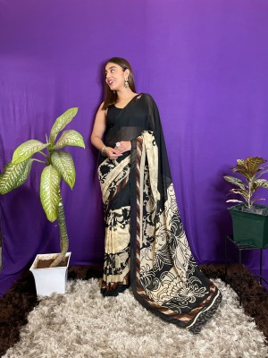 Anand Sarees Floral Print Bollywood Georgette Saree(Black, Cream)