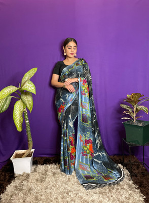 Anand Sarees Floral Print Bollywood Georgette Saree(Blue, Grey)