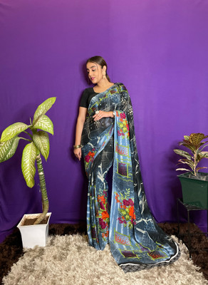 Anand Sarees Floral Print Bollywood Georgette Saree(Blue, Grey)