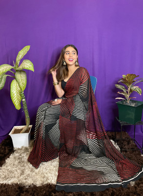 Anand Sarees Striped Bollywood Georgette Saree(Red, White, Black)