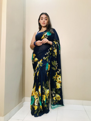 Anand Sarees Floral Print Bollywood Georgette Saree(Dark Blue)