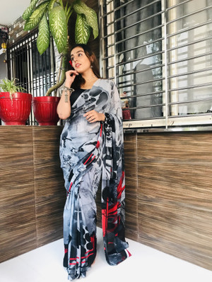Anand Sarees Ombre, Geometric Print Bollywood Georgette Saree(Grey)