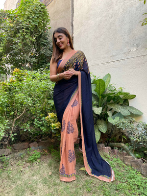 Anand Sarees Floral Print Bollywood Georgette Saree(Blue, Beige)