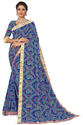 Kanooda Prints Printed Bandhani Georgette Saree(Blue)