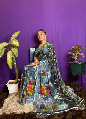 kashvi sarees Floral Print Bollywood Georgette Saree(Blue, Grey)